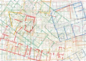 A complex architectural floor plan featuring multiple colored lines representing different sections and elements of a buildin