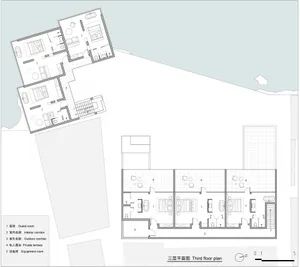 A detailed technical plan of a hotel room layout in a 2D architectural drawing format