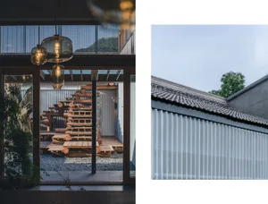 An industrial-style, wooden sculpture resembling a tree with a wooden beam supporting a roof, located in an architectural ind