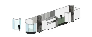 Industrial exhibition space featuring concrete, glass, and metal elements.