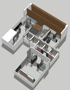Floor plan of a modern living room with wooden floors and large windows