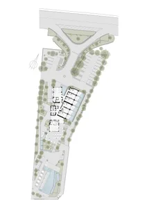 A detailed architectural plan of an urban park and surrounding residential buildings.