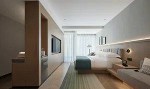 A modern bedroom featuring a wooden floor and minimalist design elements.