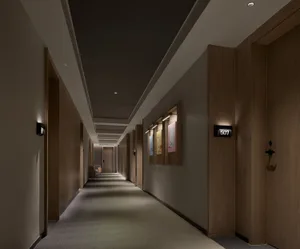 A modern wooden corridor with a minimalist design, featuring wooden walls, doors, and a carpeted floor.