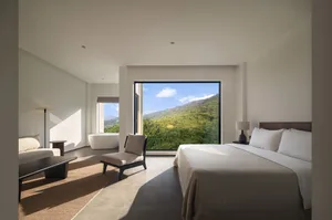 A minimalist bedroom with a large window overlooking a green hillside, featuring a wooden bed with white bedding and a cerami