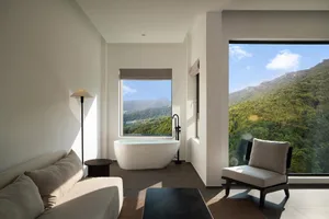 A modern residential room with concrete and wooden features.