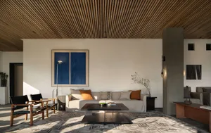 Contemporary living room featuring wooden ceiling, leather furnishings, and concrete elements