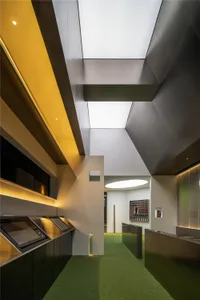 Modern office space featuring metallic interiors and sleek design