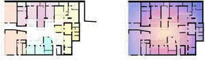 A detailed 2D architectural drawing featuring a color-coded layout of rooms and areas within a building.