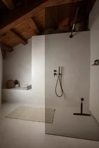 Minimalist bathroom with concrete walls and floor, featuring a walk-in shower with a glass door.