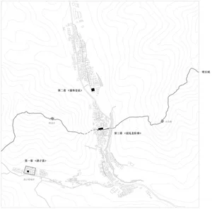 一張黑白城市或城鎮地圖，標示各區域與特色設施。