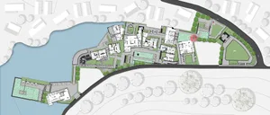 A detailed architectural plan of an institutional campus, showcasing various buildings and their interconnected paths.