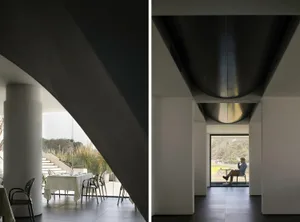 An interior design featuring minimalist architecture with black and white color palette.