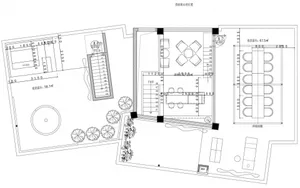 A detailed 2D architectural drawing of a modern interior design floor plan showing various functional zones and dimensions.