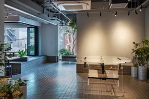 A minimalist office space featuring glass furniture and green potted plants.