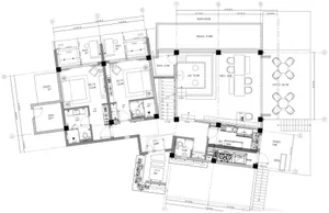 A detailed 2D architectural drawing of a modern residential floor plan.