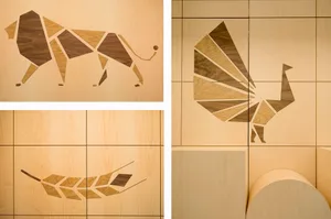 Wooden patterns on a wall in architectural space