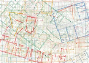A complex architectural blueprint featuring various rooms and spaces.