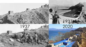 Historic Great Wall of China viewed from different angles and periods, showing its evolution and preservation.