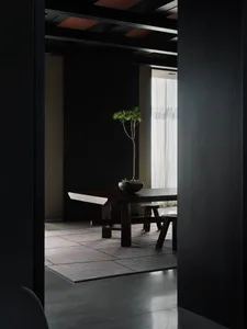 A minimalist dining table setup with wood material and a single potted plant.