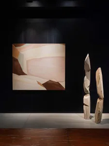 A modern abstract sculpture created from wood, featuring geometric shapes and organic forms.