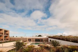 Modern architectural design featuring a swimming pool surrounded by concrete and surrounded by lush green plants.