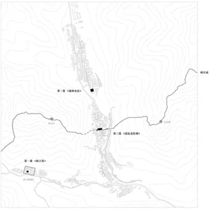 Black and white detailed topographical map of a village