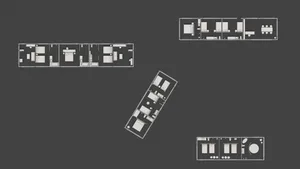 A floor plan of a lodging space, showing various rooms and spaces.