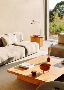 Minimalist living room interior with wooden furniture and floor.