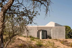 A modern house made of concrete with a minimalist design, surrounded by trees and vegetation.