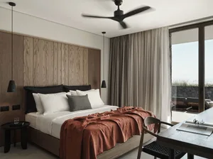 A modern minimalist bedroom with a wooden headboard, cotton blanket, and concrete floor.