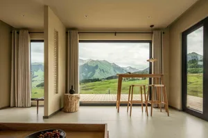 簡約風格客廳，擺設木質家具，並享有壯麗山景。