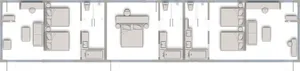 A minimalist residential floor plan showing bedrooms, bathrooms, and living spaces.