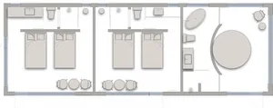 2D architectural floor plan of a modern residential bedroom layout featuring neutral tones and light wood finishes.
