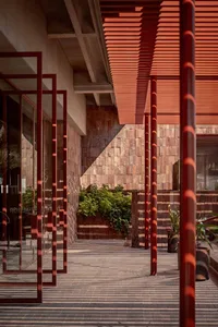 Modern storefront with concrete and glass materials.