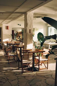 A restaurant interior with wooden tables, concrete pillars, and potted plants.