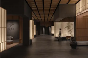 A modern lobby with concrete and wood elements