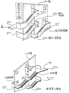 混凝土樓梯結構的 3D 模型，展示不同視角。