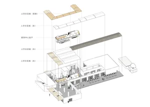 Isometric floor plan of a building interior showcasing wooden flooring and structural elements.