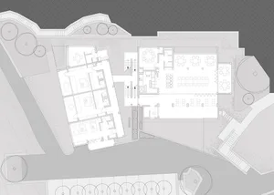 Floor plan of an industrial open space, showing various rooms and spaces.