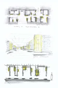 Sketch of an industrial-style tea house interior with luxury features.