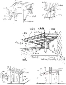 Detailed architectural drawing showing wood and metal roof structures.