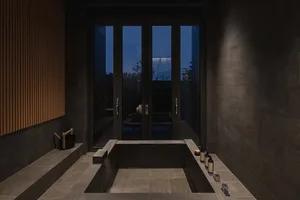 Concrete modern bathroom with glass doors and a view of the outdoors at dusk.