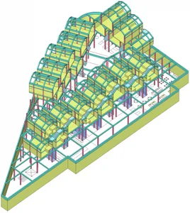 3D rendering of a modern building's structural framework with metal beams and glass panels.