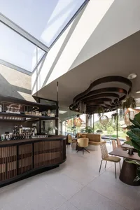A modern cafe bar with a glass ceiling, wooden counter, and metal chairs.
