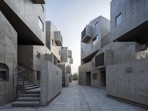 Modern concrete buildings with unique geometric shapes and open spaces.