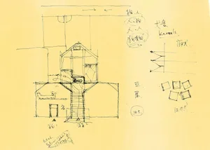 Hand-drawn architectural sketch of a modern floor plan on aged, yellowed sketch paper.