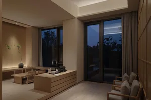 A modern residential space featuring wood elements.