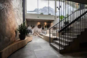 A modern living room with concrete walls and floor, featuring comfortable seating and decorative plants.