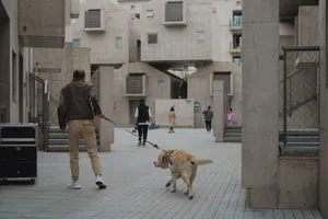 A modern public space featuring concrete architecture with people walking and a dog on a leash.